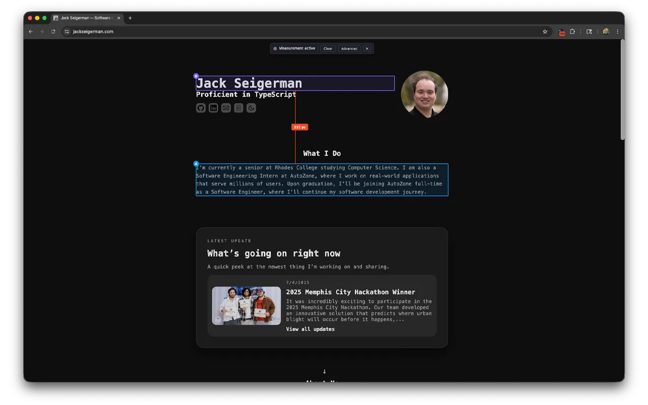 Two selected elements on a webpage: a heading outlined in violet marked B and a paragraph outlined in blue marked A, connected by a red measurement line labeled 232 pixels.