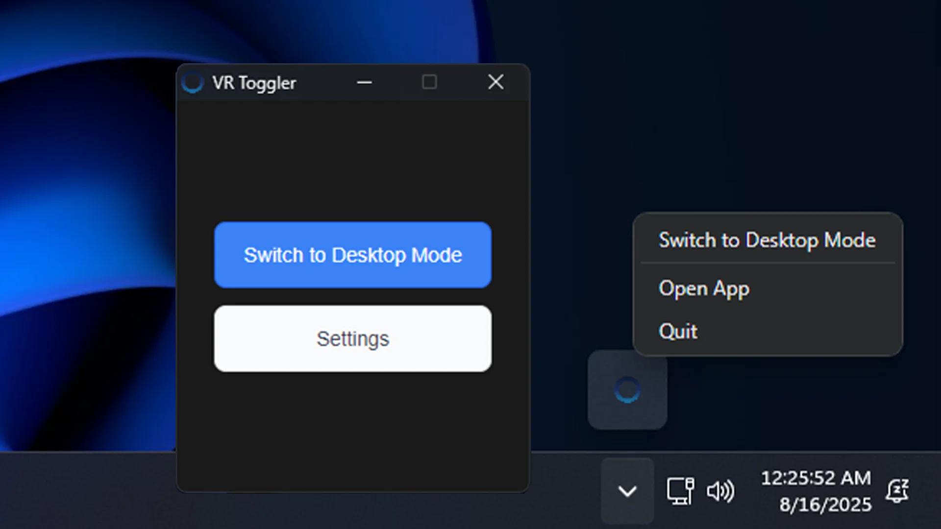 VR Toggler application interface showing system tray menu with VR Mode and Desktop Mode toggle options